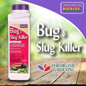 Bonide Bug and Slug Bait being applied in a home garden to protect vegetables from pests