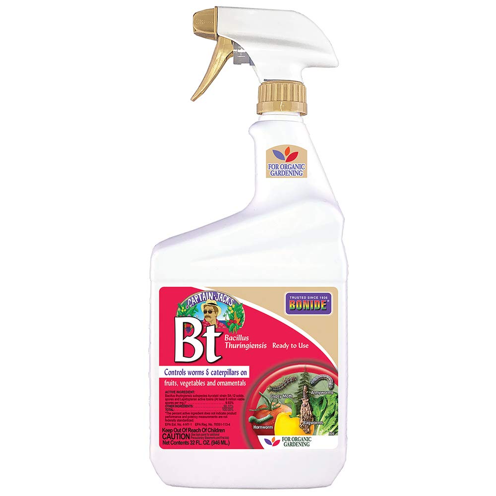 Bonide Captain Jack's Bt spray bottle ready for organic caterpillar control.