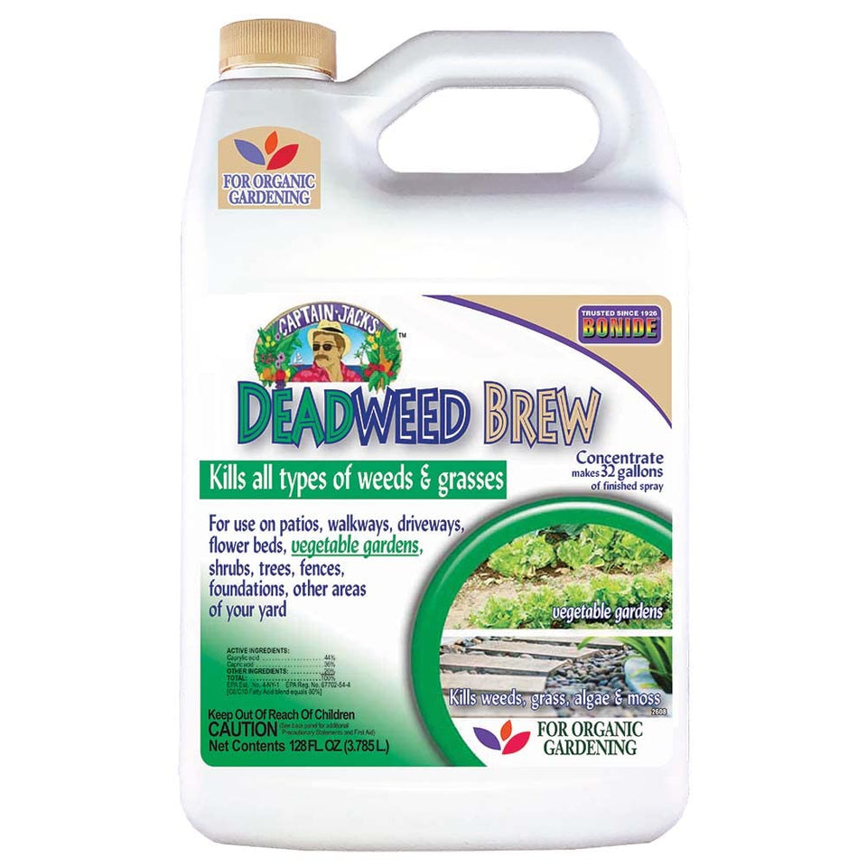 Bonide Captain Jack's Deadweed Brew bottle with spray nozzle for easy garden application.
