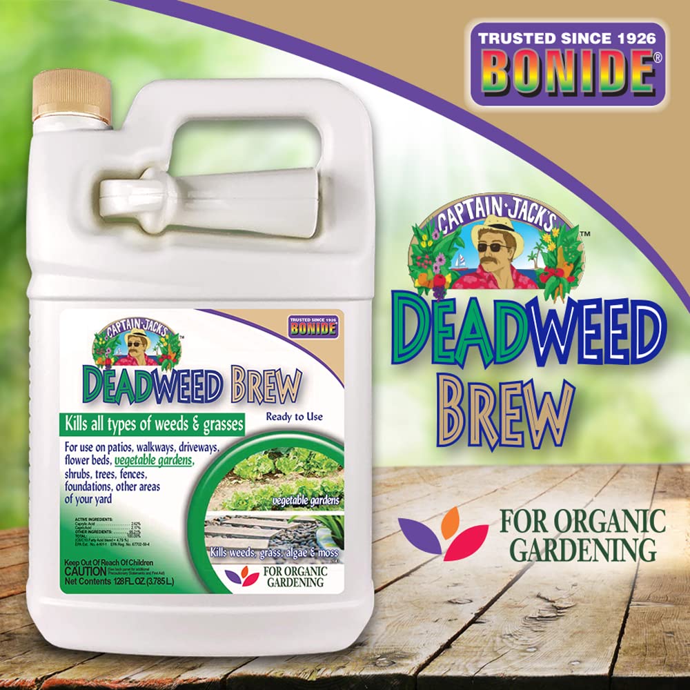Bonide Captain Jack's Deadweed Brew in a vegetable garden setup emphasizes broad weed control.