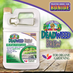 Bonide Captain Jack's Deadweed Brew in a vegetable garden setup emphasizes broad weed control.