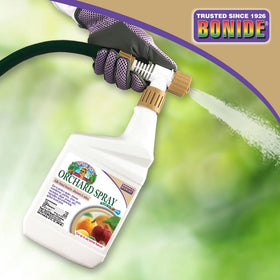 Bonide Captain Jack's Orchard Spray close-up highlights label with directions and safety reminders.