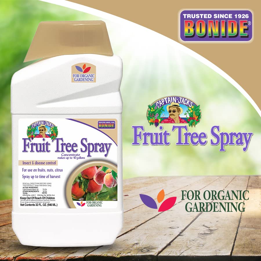 Bonide Captain Jack's Fruit Tree Spray packaging highlights organic gardening compatibility.