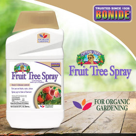Bonide Captain Jack's Fruit Tree Spray packaging highlights organic gardening compatibility.