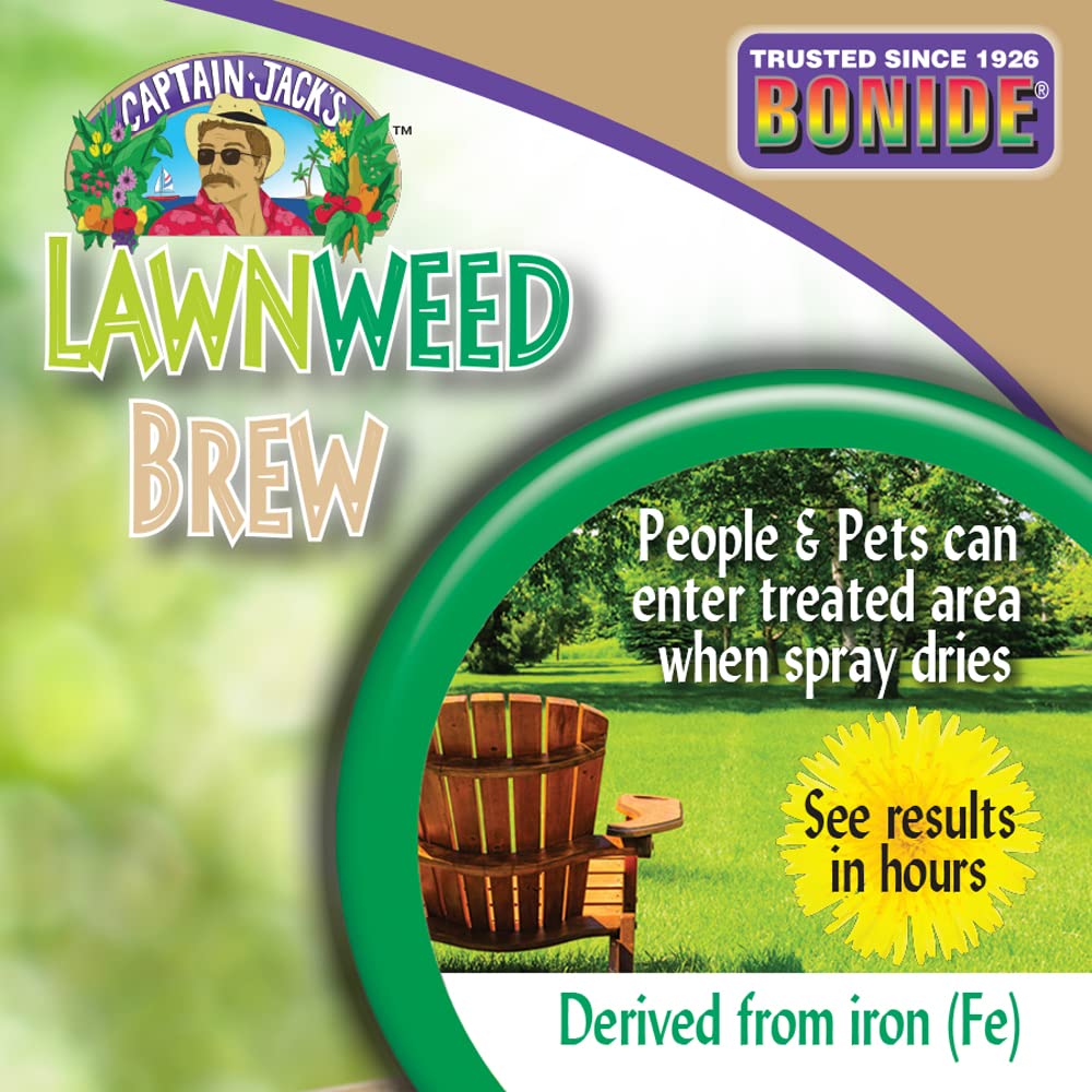 Lawn care application image illustrates easy hose-end spray with Captain Jack's Brew.