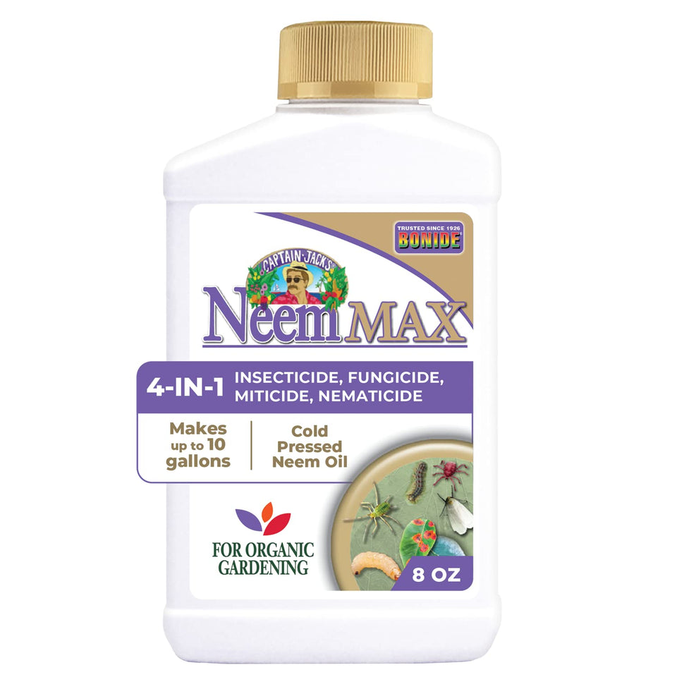 Bonide Captain Jack's Neem Max 8oz bottle ready for organic pest control.