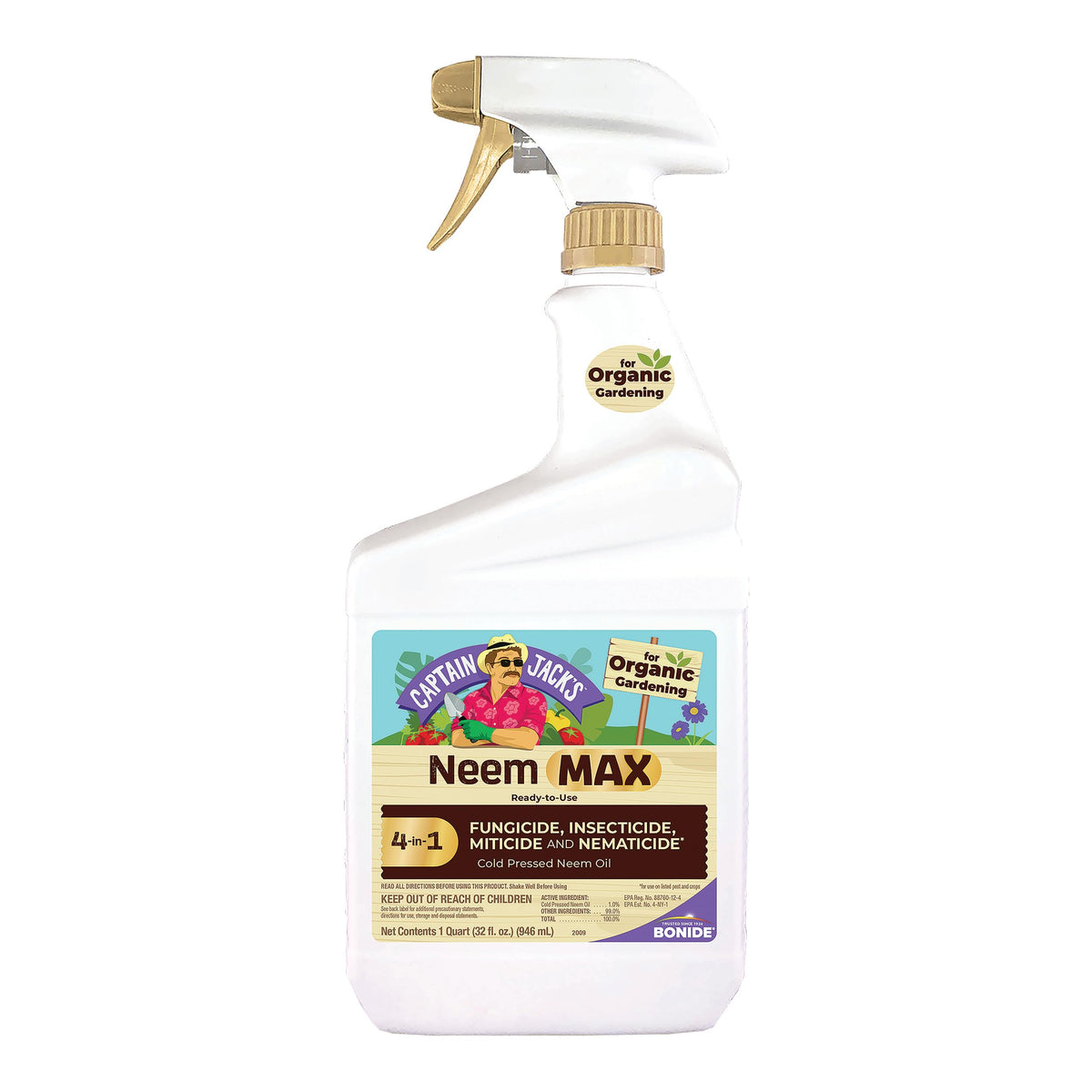 Bonide Captain Jack's Neem Max bottle front for ready-to-use organic gardening spray.