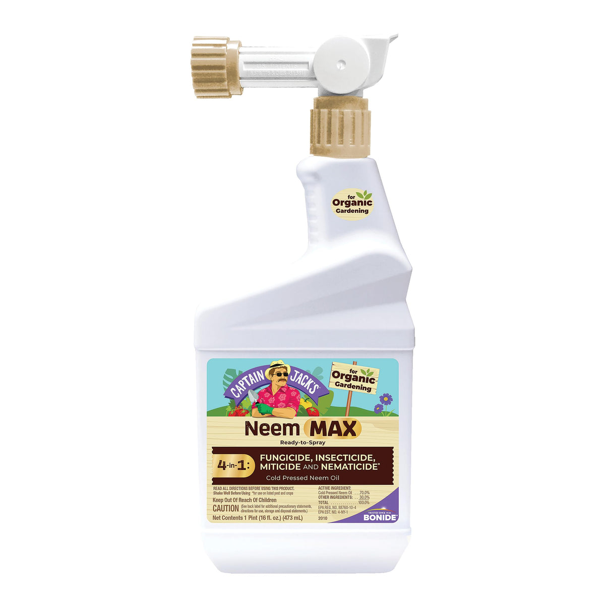 Bonide Captain Jack's Neem Max bottle ready for easy organic garden protection.
