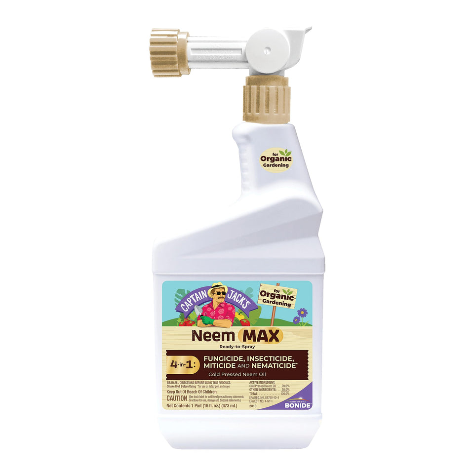 Bonide Captain Jack's Neem Max bottle ready for easy organic garden protection.