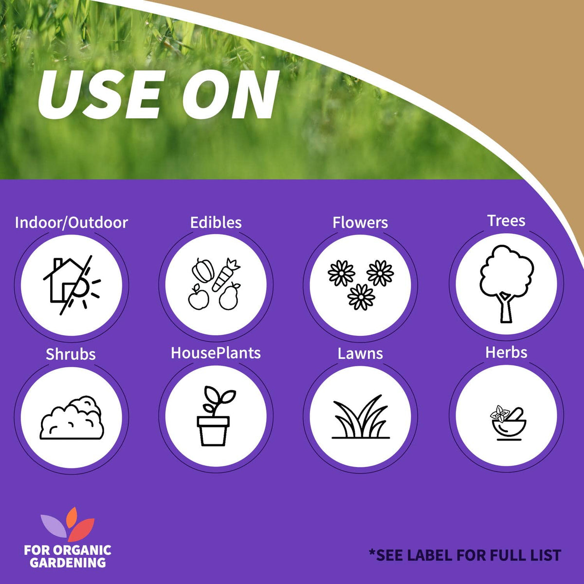 Closeup of Neem Max label highlighting its 4-in-1 action for gardens.