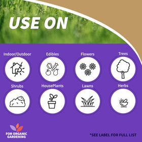 Closeup of Neem Max label highlighting its 4-in-1 action for gardens.