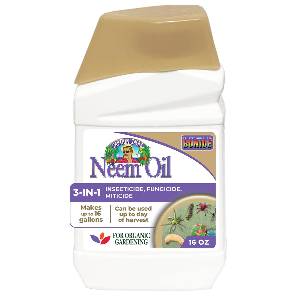 Bonide Captain Jack's Neem Oil bottle for organic garden pest control.
