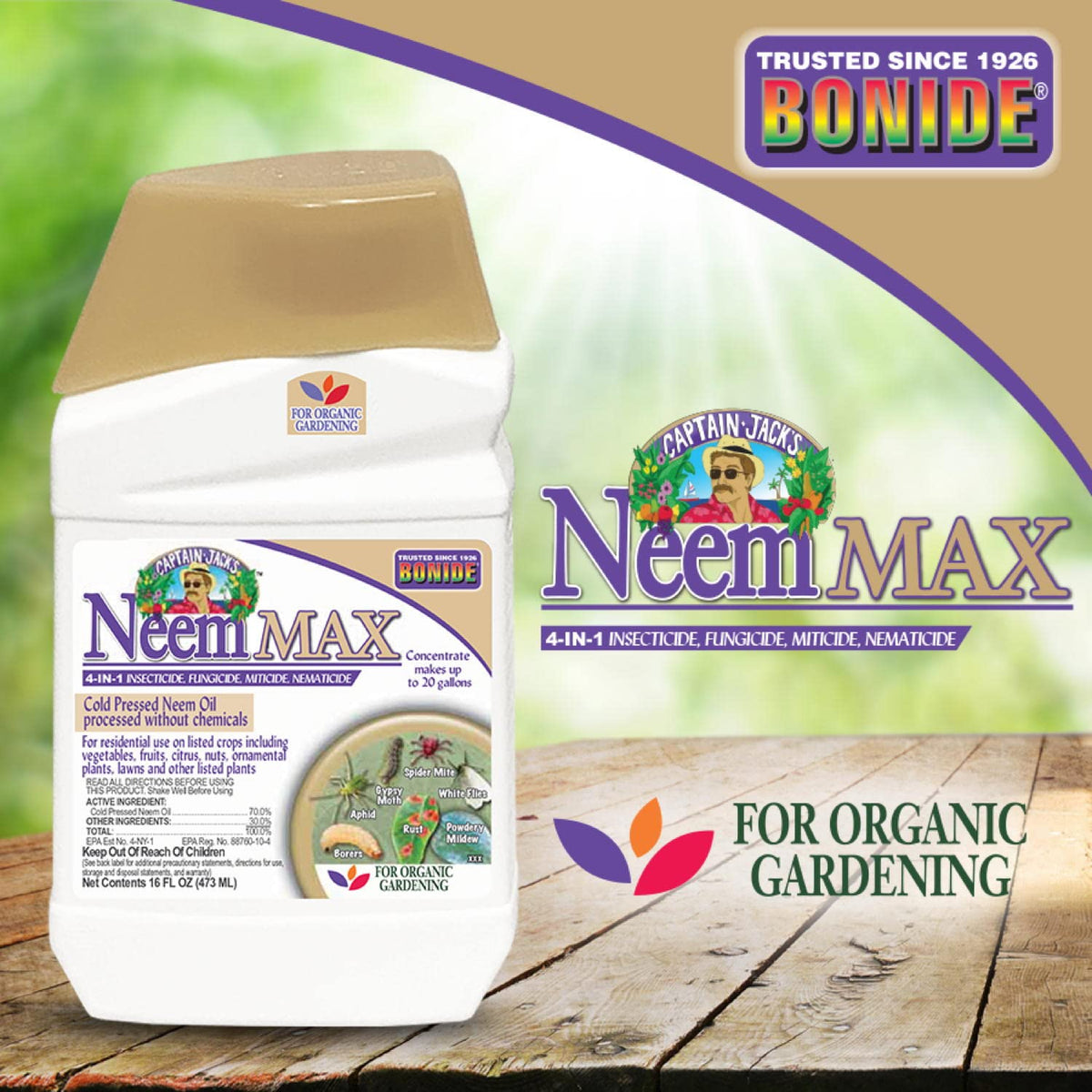 Outdoor trees and shrubs treated with NeemMax for broader pest protection.