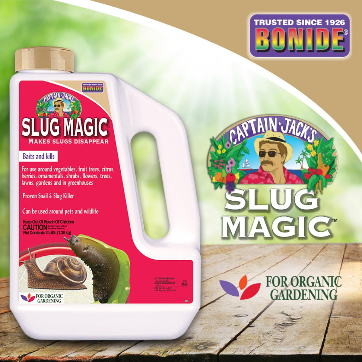 Pet-friendly outdoor use around yard areas with Bonide Captain Jack's Slug Magic