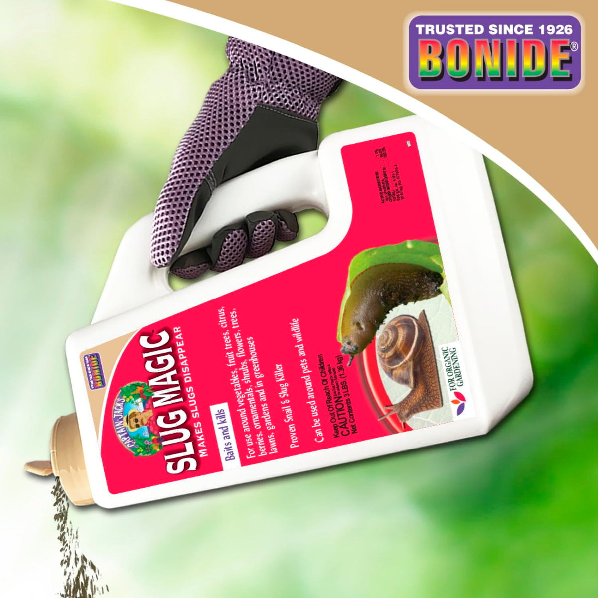 Vegetable garden use image shows Bonide Captain Jack's Slug Magic protecting harvest-ready crops