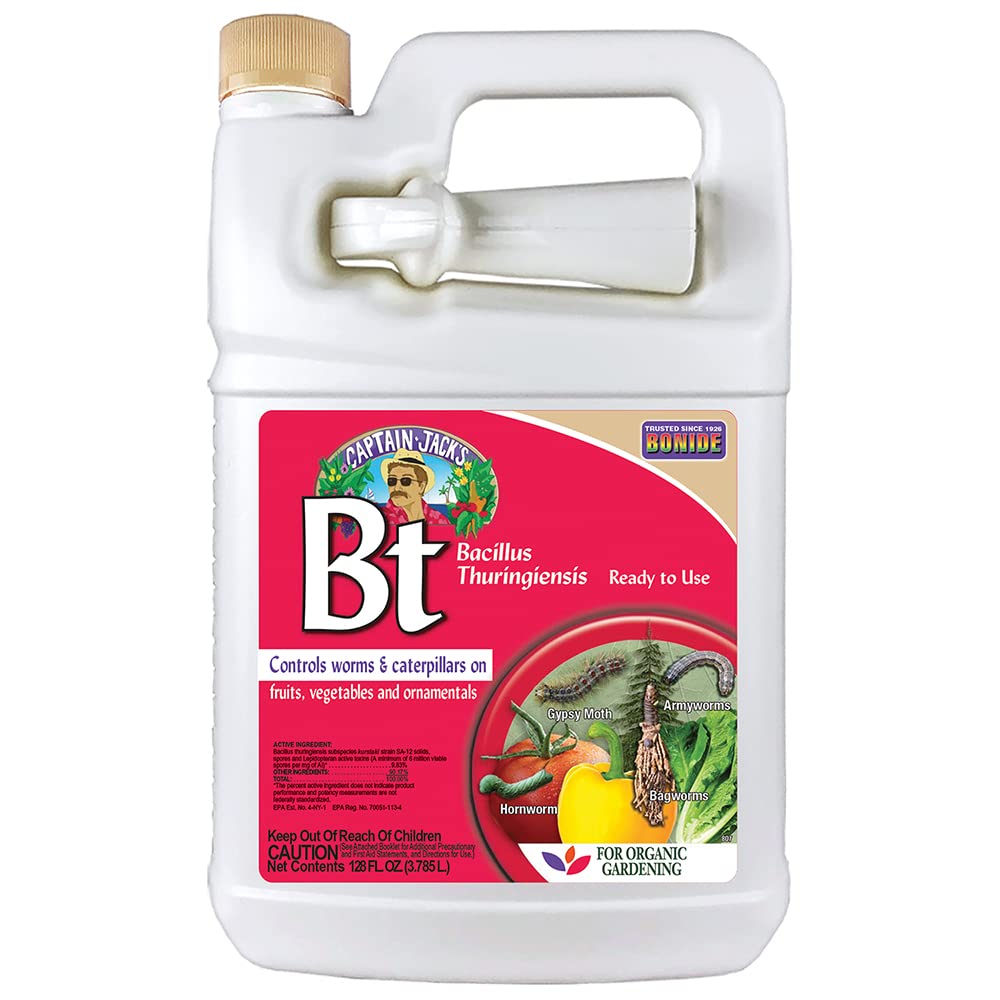 Bonide Captain Jack's Thuricide BT bottle with attached sprayer for easy garden use