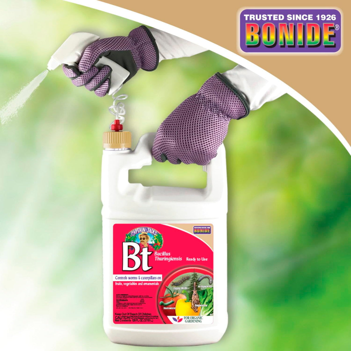Bonide Captain Jack's Thuricide BT spray covers a leaf for thorough pest control