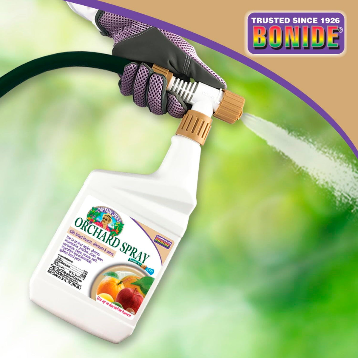 Bonide Captain Jack's Orchard Spray shows twist-shoot attachment for easy coverage on tall trees.