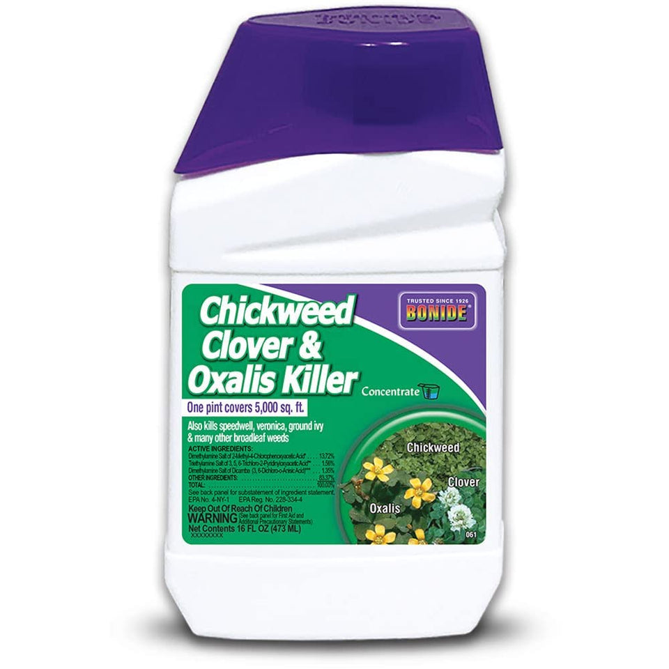 Bonide Chickweed, Clover & Oxalis Killer bottle front for lawn weed control