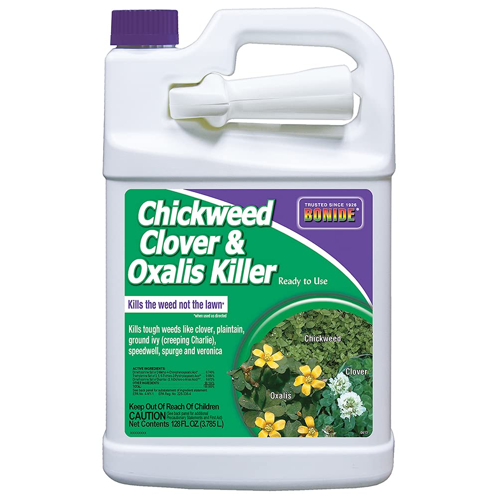 Bonide Chickweed, Clover & Oxalis Killer bottle protects turf while treating lawns.