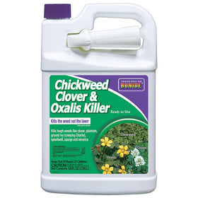 Bonide Chickweed, Clover & Oxalis Killer bottle protects turf while treating lawns.