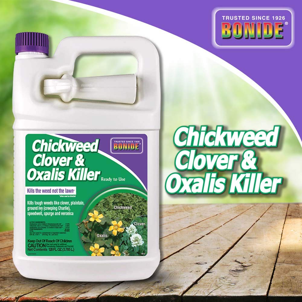 Bonide Chickweed, Clover & Oxalis Killer spray for easy lawn coverage and targeted weed control.