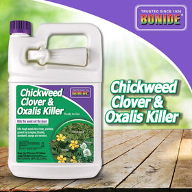 Bonide Chickweed, Clover & Oxalis Killer spray for easy lawn coverage and targeted weed control.