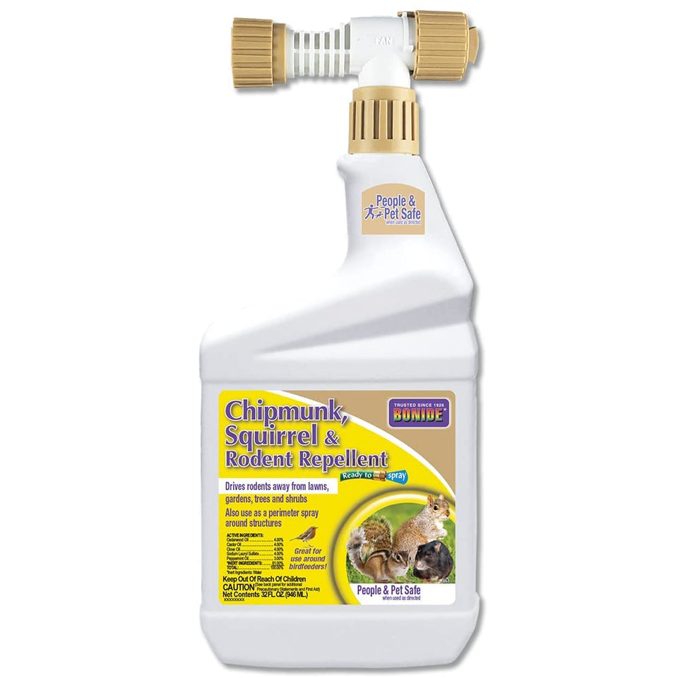 Bonide Chipmunk Squirrel & Rodent Repellent bottle ready to spray, protecting your lawn from pests.