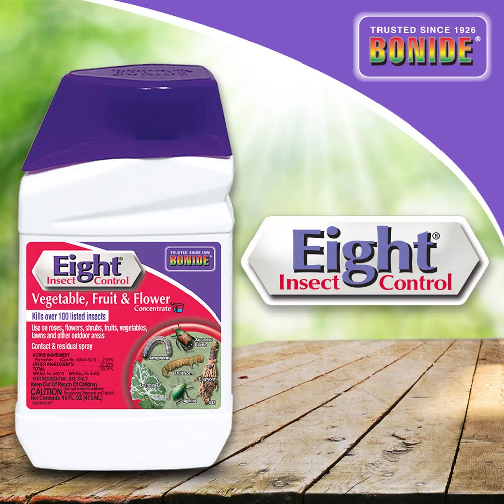 Bonide Eight Insect Control application sprayer shown for quick, residual pest control on outdoor plants.