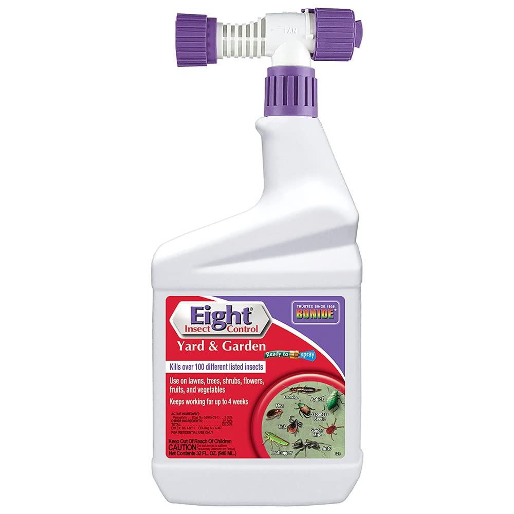 Bonide Eight Insect Control bottle-pour demonstrates easy outdoor application for lawns and gardens.