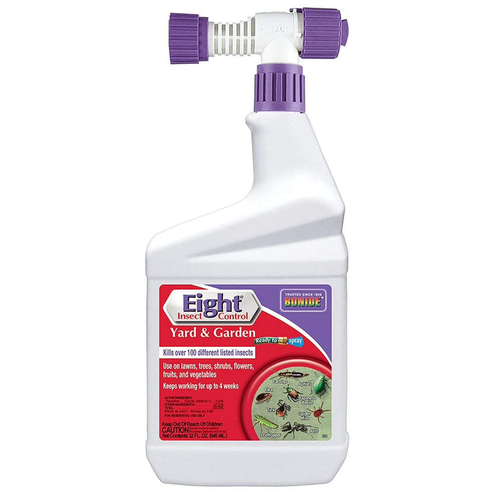 Bonide Eight Insect Control bottle-pour demonstrates easy outdoor application for lawns and gardens.