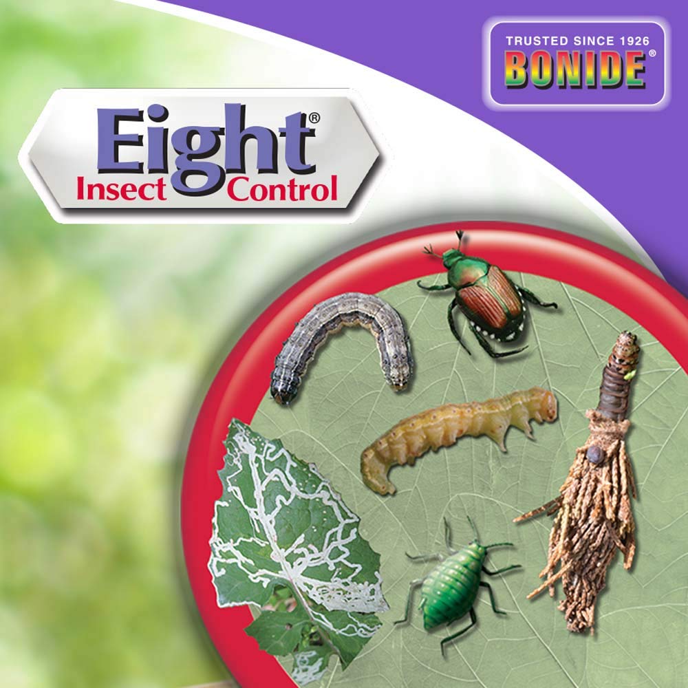 Bonide Eight Insect Control label close-up emphasizing directions and versatile use in lawns and beds.