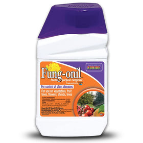 Bonide Fung-onil bottle shows broad garden disease protection for mixed plants.