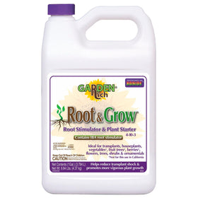 Bonide Garden Rich Root & Grow bottle pouring onto soil to support root development.