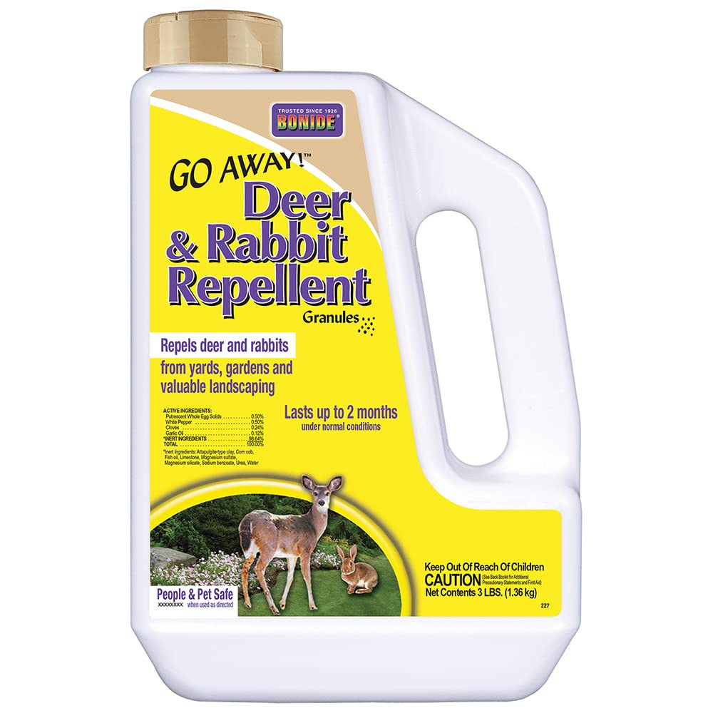 Bonide Go Away! deer and rabbit granules bottle ready to use for outdoor deterrence.