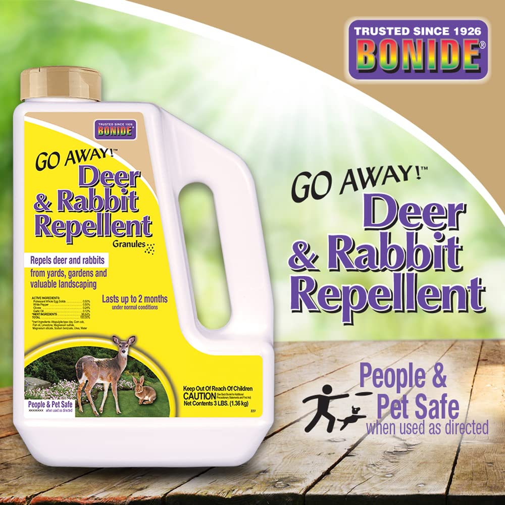 Bonide Go Away! granules create a perimeter barrier deterring deer and rabbits from gardens.