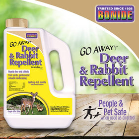 Bonide Go Away! granules create a perimeter barrier deterring deer and rabbits from gardens.
