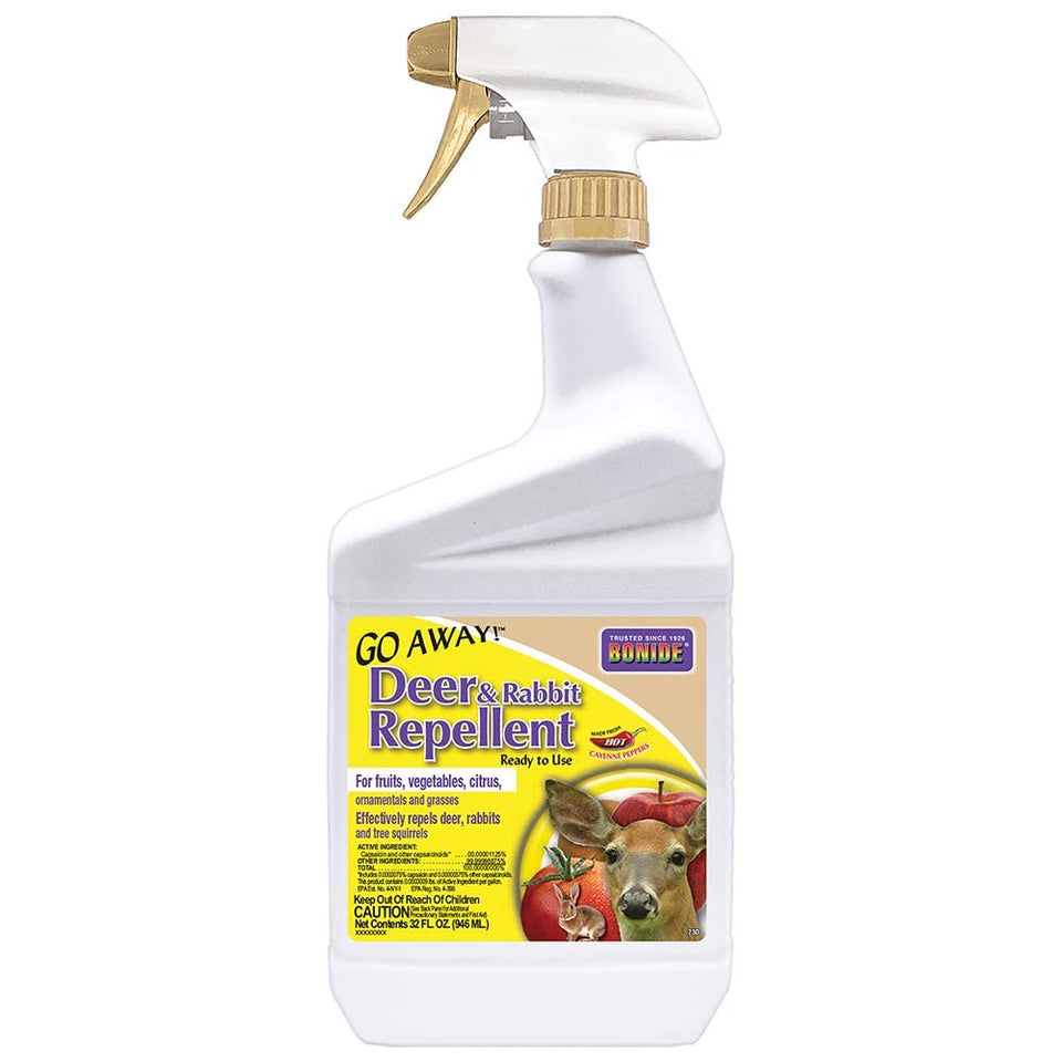 Bonide Go Away! spray bottle protects lawns and gardens from deer and rabbits.