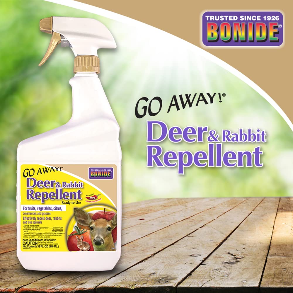 Go Away! repellent applied to edible plants deters pests with cayenne pepper.