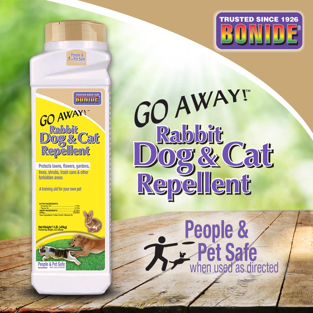 Bonide Go Away! granules garden bed application—protect flower beds and ornamental plants.