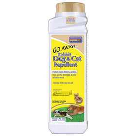 Bonide Go Away! granules package front—ready-to-use deterrent for lawns and gardens.