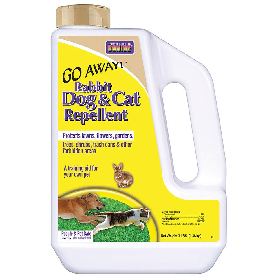Bonide Go Away! granules with cap for easy yard application.