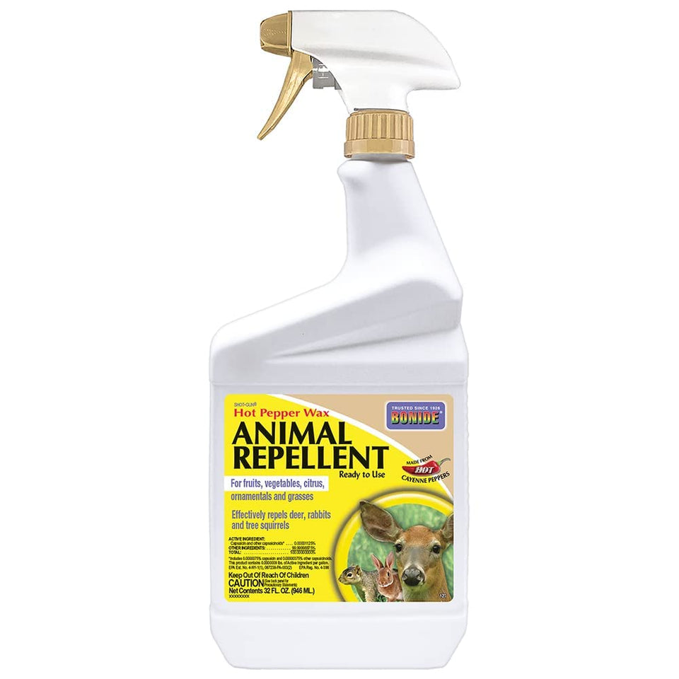 Bonide Hot Pepper Wax spray bottle ready for garden application to deter deer