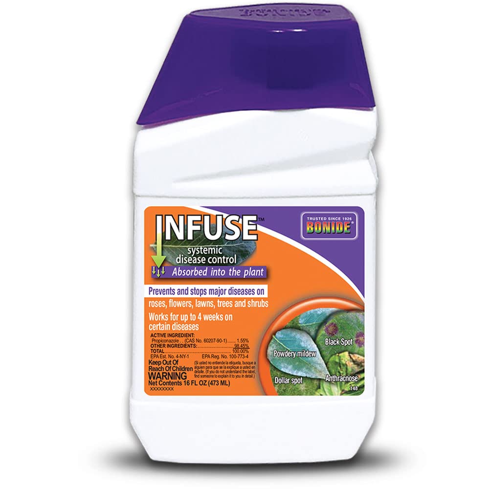 Bonide Infuse bottle shows broad disease control for lawns and ornamentals.