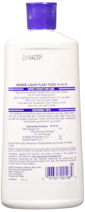Pouring Bonide Liquid Plant Food 10-10-10 into soil supports steady growth in containers and gardens.