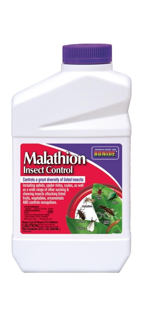 Bonide Malathion bottle being poured for outdoor garden use