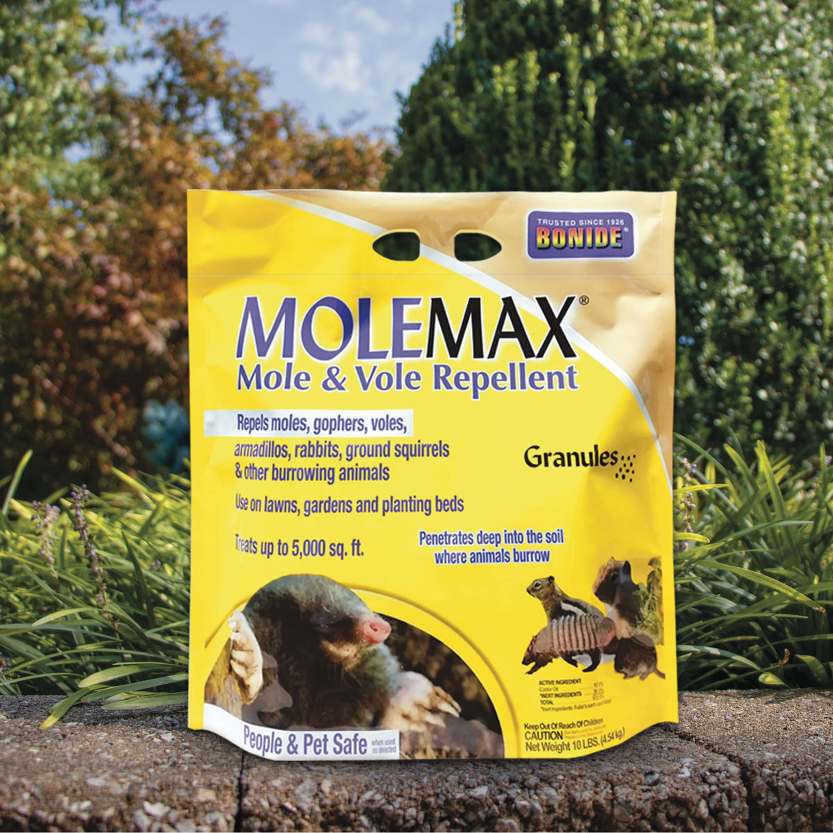 Bonide MOLEMAX uses castor oil to discourage burrowing animals from the soil.