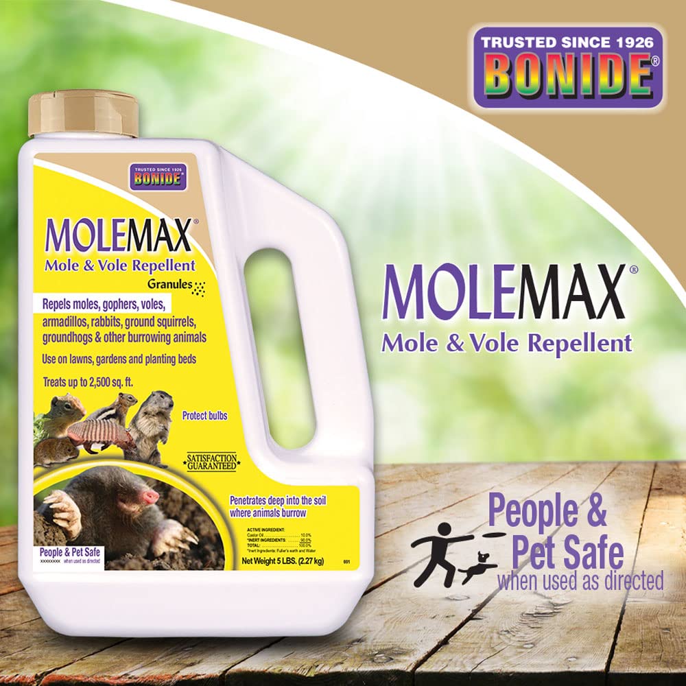 Bonide MoleMax castor oil action repels burrowers from soil.