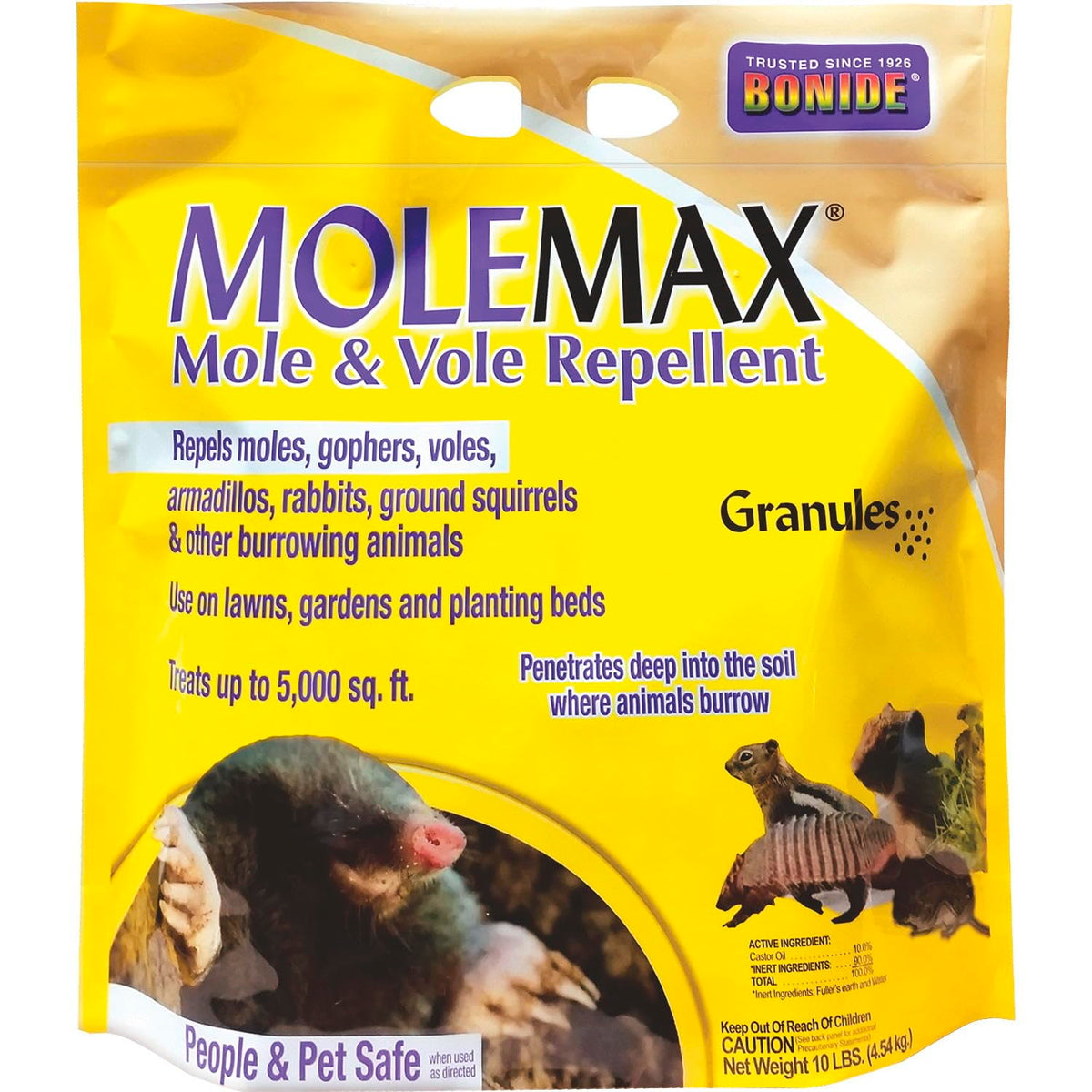 Bonide MOLEMAX granules ready for lawn application to deter moles and voles.