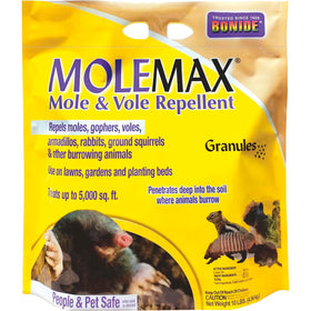 Bonide MOLEMAX granules ready for lawn application to deter moles and voles.